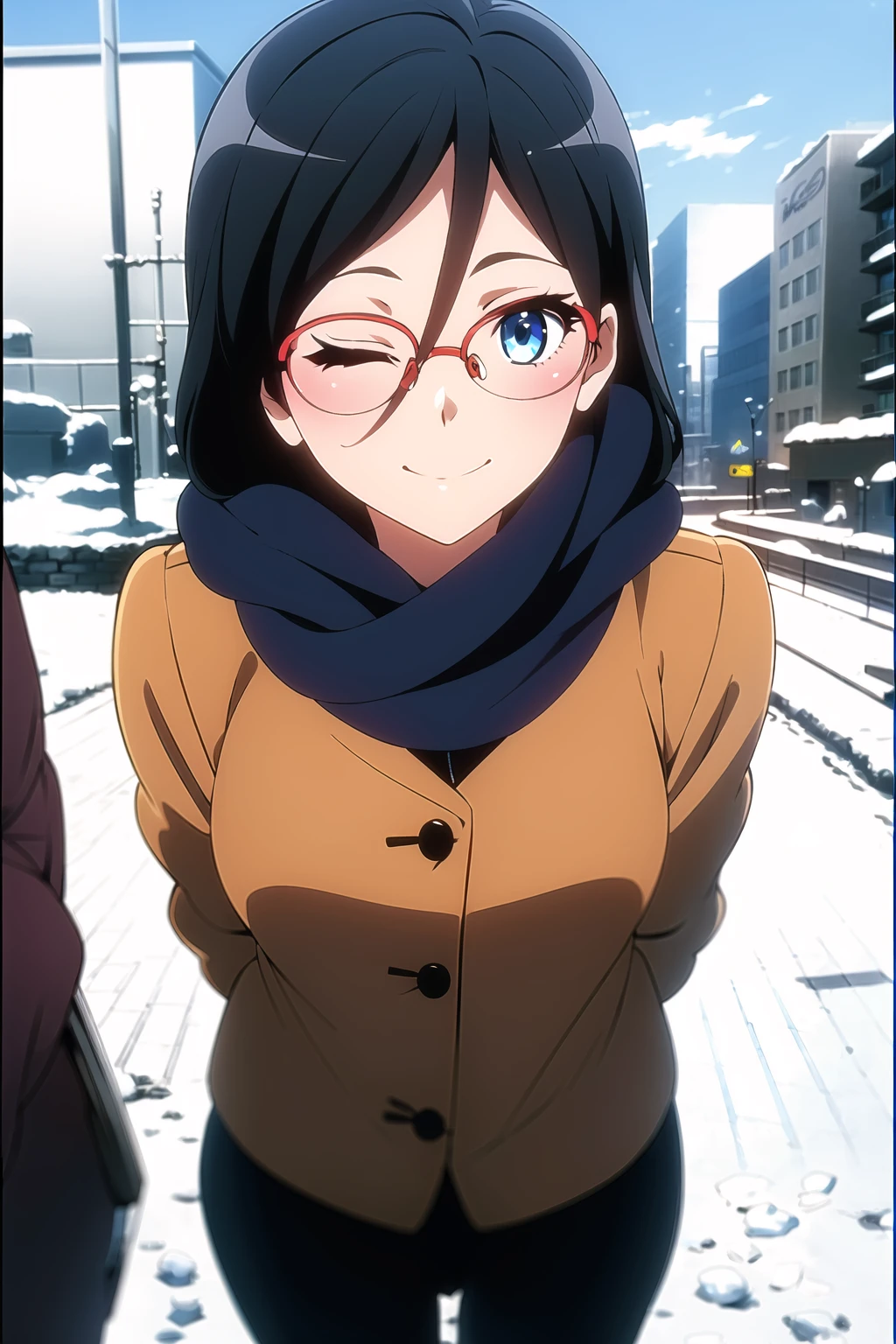 ((best quality)),((highly detailed)),masterpiece,absurdres,detailed face,beautiful face,(detailed eyes, deep eyes),1girl,((dynamic pose)), <lora:AsukaV1:0.7>,Asuka, blue eyes, solo, glasses, black hair, long hair, red-framed eyewear, hair between eyes, , over-rim eyewear, bangs, outdoors, jacket, smiling, one eye closed, scarf, bag, outdoors, snow, snowy background, buildings, standing,