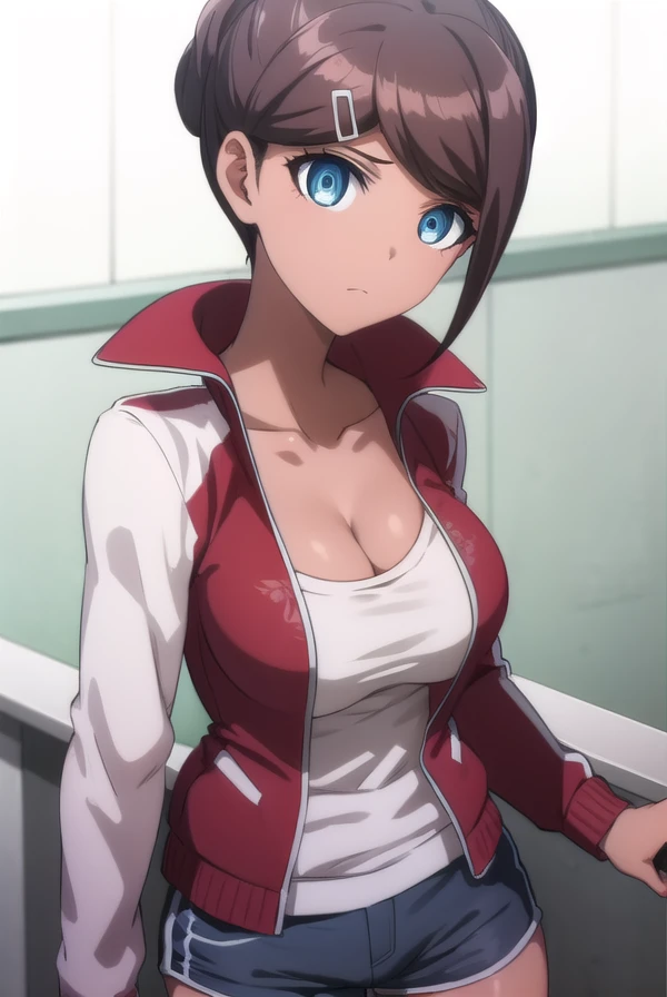 aoiasahina, <lora:aoi asahina s1-lora-nochekaiser:1>,
aoi asahina, short hair, bangs, blue eyes, brown hair, hair ornament, ponytail, hairclip, dark skin, dark-skinned female,
BREAK shirt, long sleeves, cleavage, collarbone, jacket, white shirt, open clothes, shorts, hairclip, open jacket, red jacket,
BREAK outdoors, classroom,
BREAK looking at viewer, (cowboy shot:1.5),
BREAK <lyco:GoodHands-beta2:1>, (masterpiece:1.2), best quality, high resolution, unity 8k wallpaper, (illustration:0.8), (beautiful detailed eyes:1.6), extremely detailed face, perfect lighting, extremely detailed CG, (perfect hands, perfect anatomy),