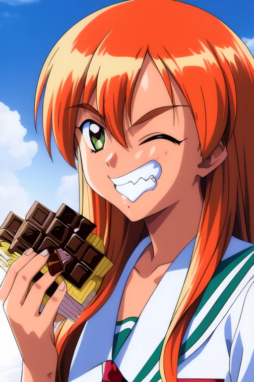 <lora:Akai_Homura:1>ãAkaiHomura, 1girl, solo, one eye closed, food, school uniform, smile, grin, chocolate bar, chocolate, food on face, eating,
blue sky, school,
masterpiece, high quality, very_high_resolution, large_filesize, full color,
