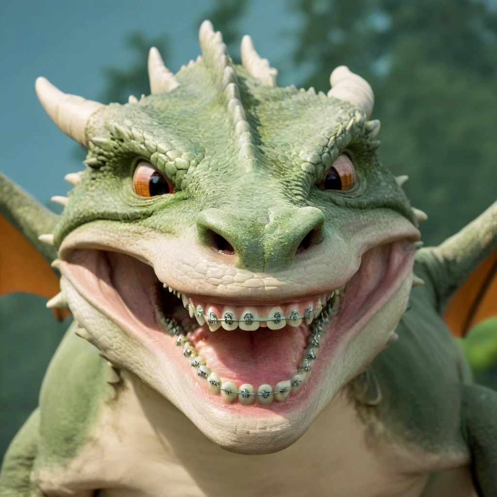 photo of a dragon smiling, showing teeth, braces <lora:braces-sdxl:1>