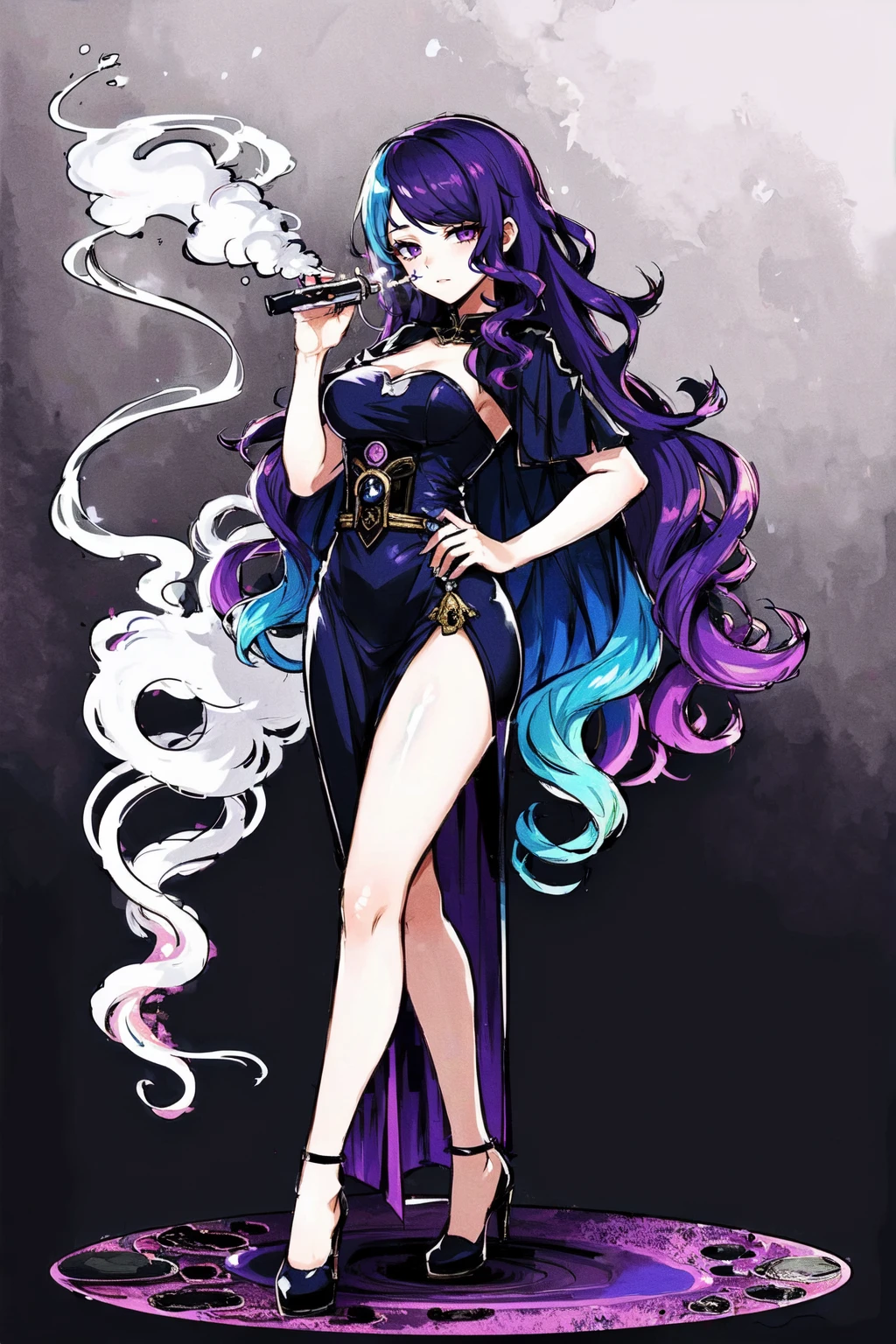 (masterpiece, highres, detailed),full body,1girl,violet eyes,curly hair,gradient blue hair,<lora:VappingV3:0.7>,vapping,rainbow smoke,holding,vape,