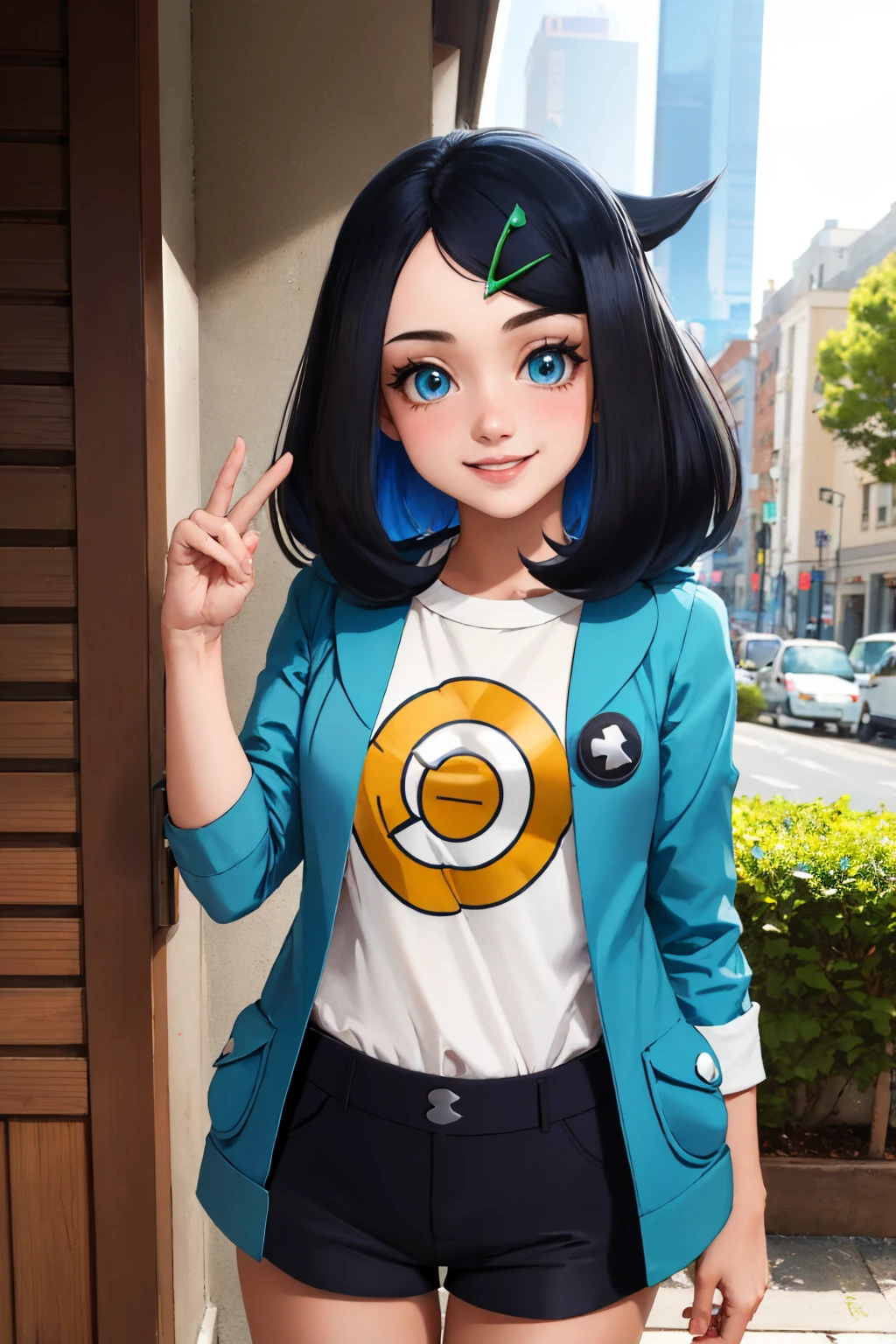 (masterpiece, best quality:1.2), solo, 1girl, pokemonliko, smile, looking at viewer, hairclip, blue jacket, white shirt, shorts <lora:pokemon_liko:1>