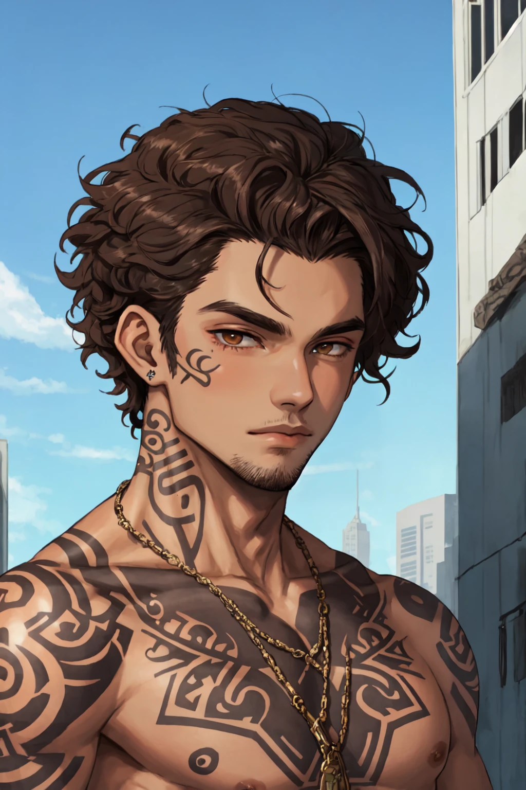 1boy,((male focus)), solo, pasifika, maori, polynesian, Aotearoa, brown eyes, short hair, curly hair, fluffy hair, brown hair, tan skin, dark skinned male, face tattoo, facial tattoo, tattoo, polynesian tattoo, moko, chin tattoo, upper body, LUT like a , outdoors, city view,