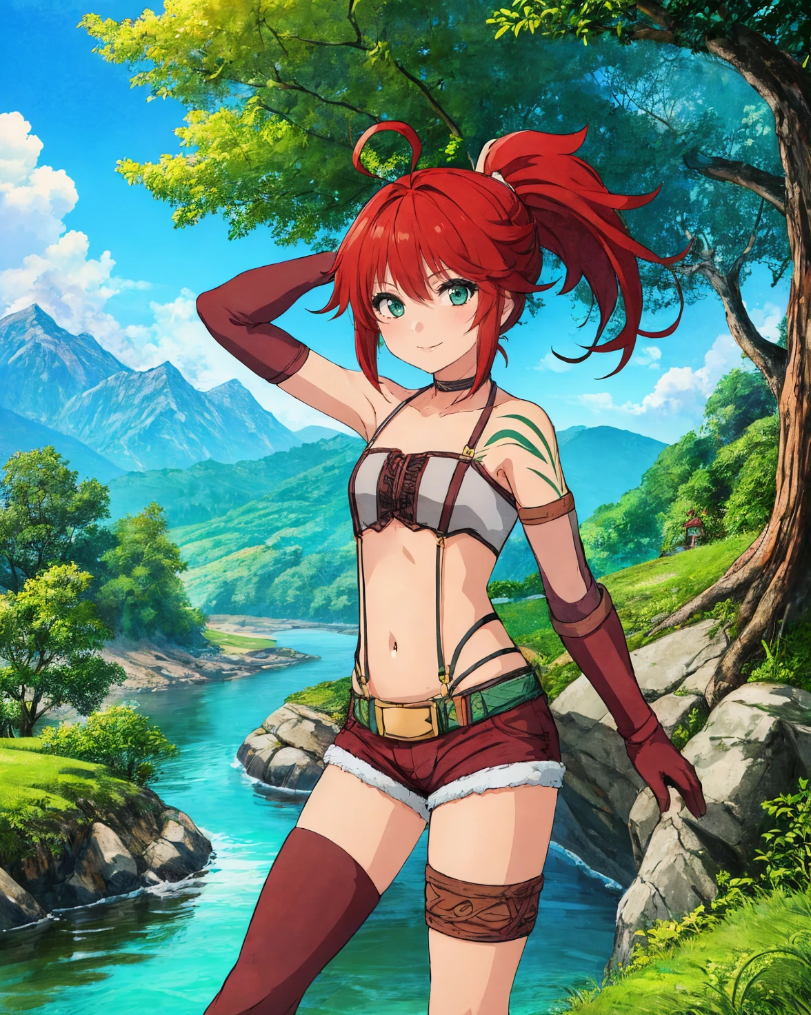 (best quality, masterpiece:1.2), illustration, absurdres, <lora:animemix_16:0.7>, <lora:clearcolor_v1.7_lbw:0.4>, <lora:boldline:-1>,
(1girl, solo, beautiful detailed girl), cowboy shot,,
<lora:ShirleyAzure:1>, Shirley Orlando, red hair, ahoge, ponytail, aqua eyes, small breasts, green tattoo,
bandeau, choker, suspenders, short shorts, belt, gloves, thigh strap, boots, red footwear,
looking at viewer, proud, confident, smile,
grassy mountains, trees, chinese architecture, river, plants,