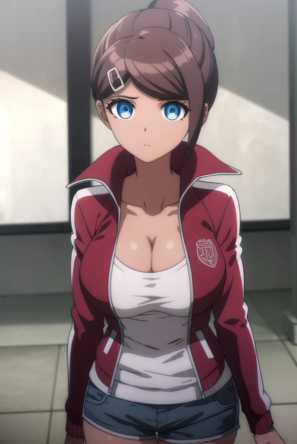 aoiasahina, <lora:aoi asahina s1-lora-nochekaiser:1>,
aoi asahina, short hair, bangs, blue eyes, brown hair, hair ornament, ponytail, hairclip, dark skin, dark-skinned female,
BREAK shirt, long sleeves, cleavage, collarbone, jacket, white shirt, open clothes, shorts, hairclip, open jacket, red jacket,
BREAK outdoors, classroom,
BREAK looking at viewer, (cowboy shot:1.5),
BREAK <lyco:GoodHands-beta2:1>, (masterpiece:1.2), best quality, high resolution, unity 8k wallpaper, (illustration:0.8), (beautiful detailed eyes:1.6), extremely detailed face, perfect lighting, extremely detailed CG, (perfect hands, perfect anatomy),