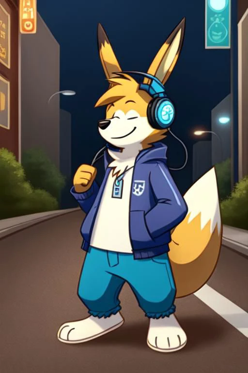 rooey, rooi, louie, louie bomberman, multicolored fur, two-tone fur, city street setting, detailed, smile, (headphones, closed eyes), feralfoot, pawpads, tail, louie tail