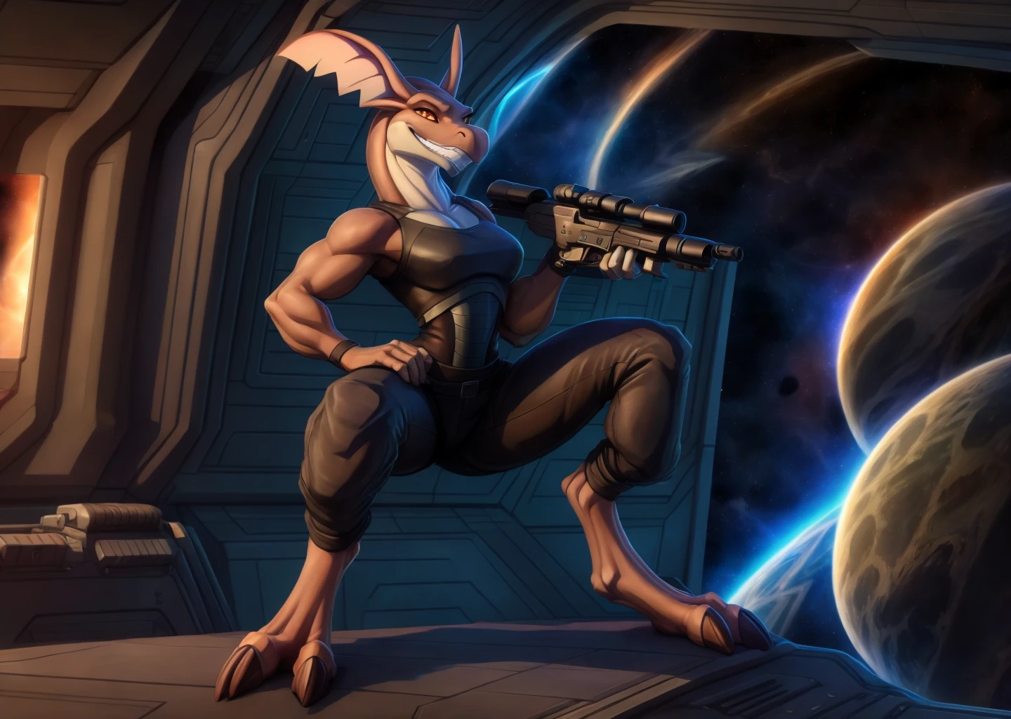 1girl,
alien feet,
animal ears,
pants,
brown pants,
full body,
standing,
alien legs,
weird anatomy,
gun,
machine gun,
space,
furry,
furry female,
grin,
manfrin,
navel,
orange eyes,
orange fur,
smile,
solo focus,
spaceship,
stith_titan_ae,
seductive,
two-tone skin,
<lora:Stith_Titan_AE:1> stith_titan_ae