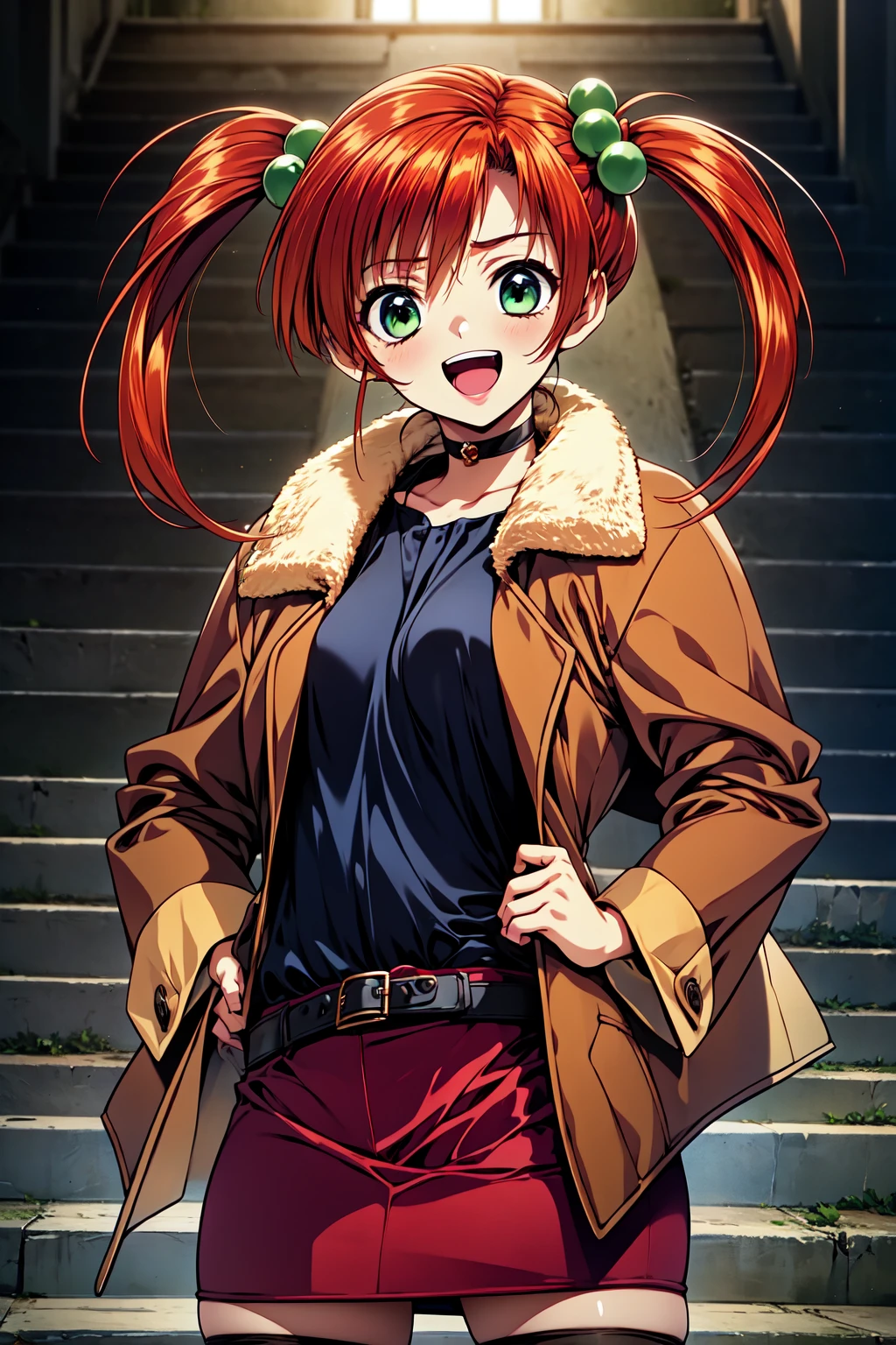 1girl, cowboy shot, smile, open mouth,
doukoku_itsumi, green eyes, red hair, twintails, hair ornament, hair bobbles, choker, jacket, fur trim, belt, red skirt, miniskirt, black thighhighs, zettai ryouiki, <lora:doukoku_itsumi_lora_ver1:0.7>, best quality, masterpiece, highres, <lora:GoodHands-vanilla:1>