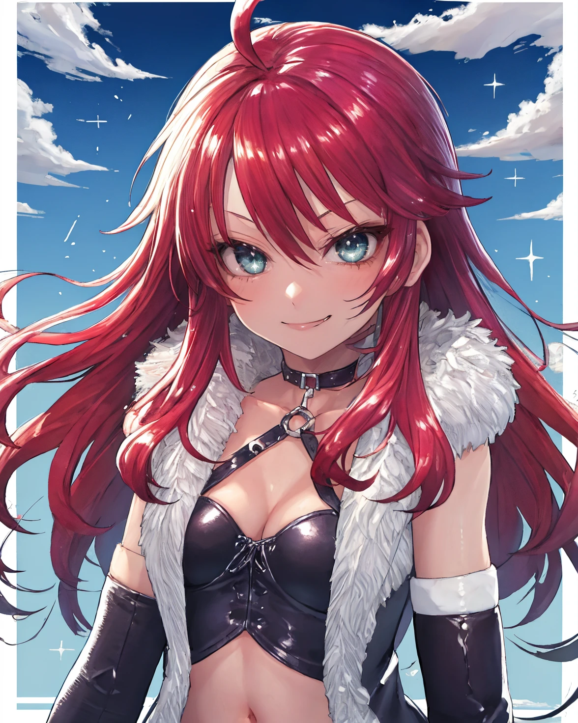 (best quality, masterpiece:1.2), illustration, absurdres, <lora:deluster2:-1>, <lora:hairdetailer:0.5>, <lora:boldline:-1>, <lora:flat2:0.7>, particles, sparkles,
(1girl, solo, beautiful detailed girl), (upper body, portrait),
<lora:ShirleyCS:0.9>, Shirley Orlando, red hair, ahoge, long hair, aqua eyes, medium breasts, green tattoo,
choker, fur coat, fur trim, o-ring, leather topwear, cleavage, stomach, navel, gloves, black short shorts, belt, thigh boots,
looking at viewer, smug, smile,
medieval farming village, farm, clouds, sky
sprinting,