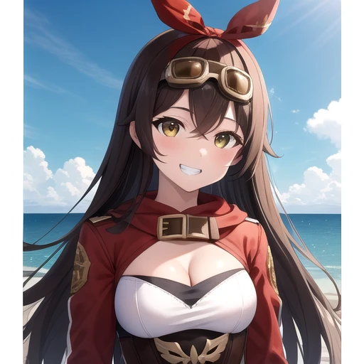 ((masterpiece)),(best quality),official art,extremely detailed CG,unity 8k wallpaper,ultra detailed,A lighthouse on a cliff by the sea,1girl,solo,upper body,(portrait:1.2),looking at viewer,brown_hair,grin,smile,shrug (clothing),crossed_bangs,very_long_hair,bangs,hair_ribbon,hair_between_eyes,brown_eyes,red_ribbon,cleavage,medium_breasts,yellow_eyes,long_sleeves,short_shorts,floating_hair,belt,brown_shorts,red_gloves,white_footwear,thigh_boots,pouch,goggles,goggles_on_head,red_thighhighs,<lora:Amber-remake final(gen)>,