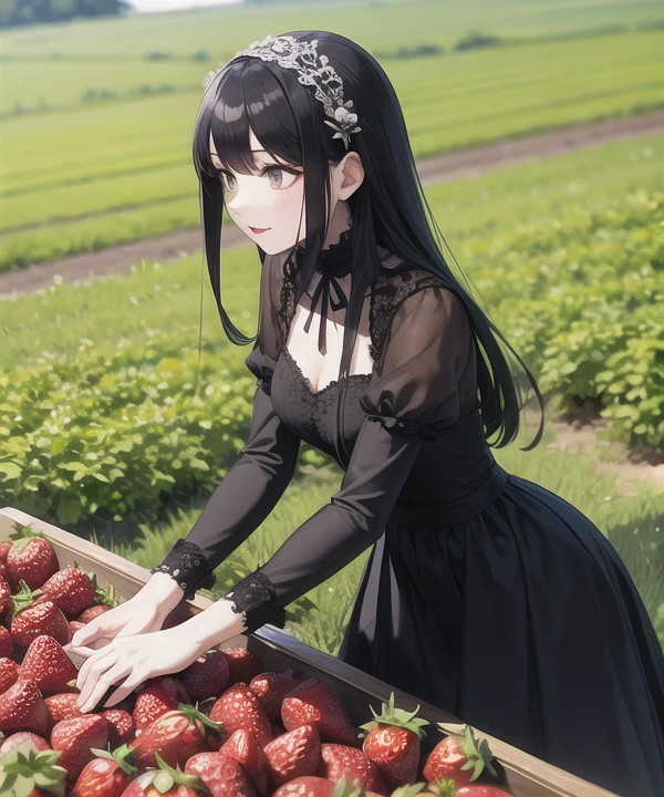 solo,Goth dress girl picking strawberries in a strawberry field