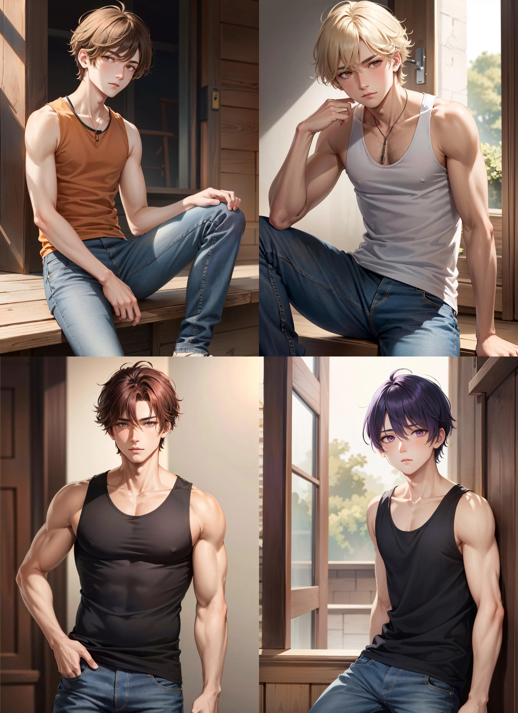 1boy, man, tank-top, jeans, __eye color__ eyes, __hair color__ hair