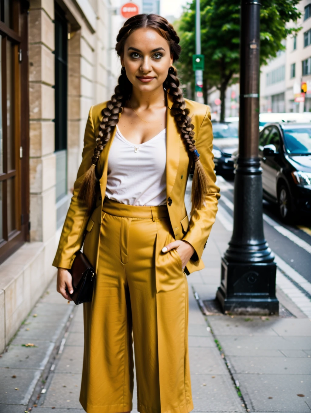 <lora:LuanaV1:1>  LuanaV1,  braids, a woman blazer and culottes,street market