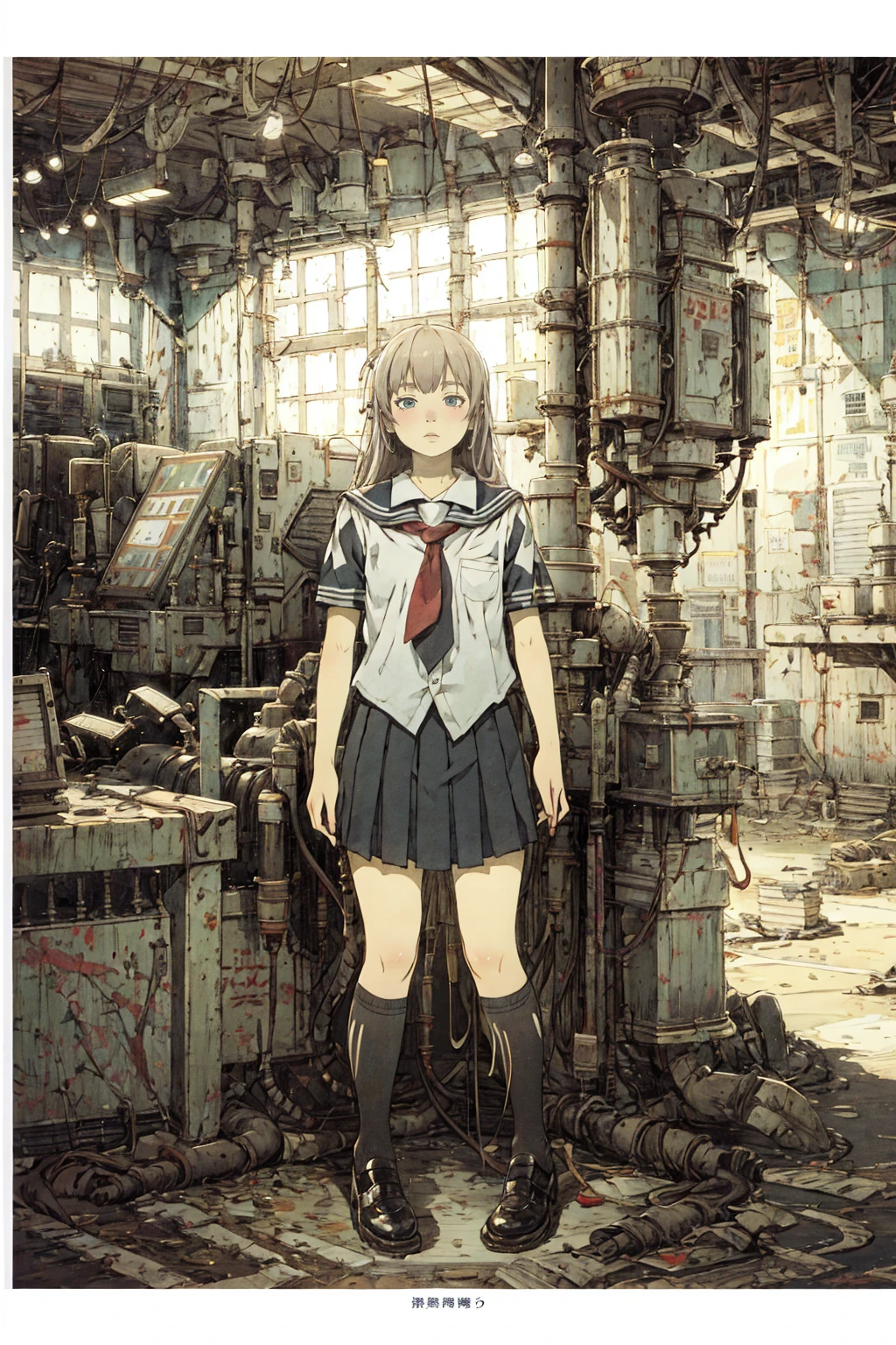 8k,absurdres, highres, ultra detailed, masterpiece, sharp shading,under,Tatsuyuki
1girl,???,abandon staion,school uniform,monocolor,gaint machine,(obsolete machine:1.3),upper body, 
(solo:1.2),1girl,masterpiece,<lora:Tatsuyuki Tanaka-000009:0.7>  <lora:Migunov2:1> <lora:GoodHands-vanilla:1>