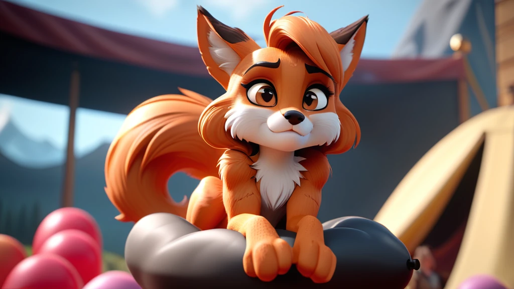 A cinematic 3D render of a cute anthro furry vixen is sitting on a balloon. One big realistic, overinflated balloon. A stage is visible in the background.