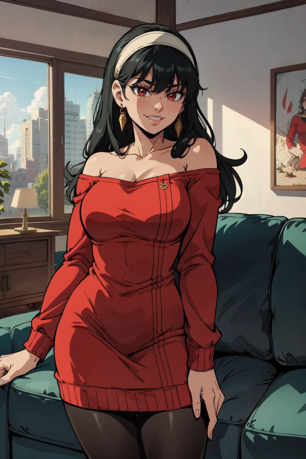 1girl, (solo:1.2), (cowboy shot:1.2), smile. closed teeth, happy
<lora:Yor Briar [h_madoka - v1.0]:0.8> bbyorf, long hair, white hairband, red eyes, gold earrings, large breasts, jewelry, off shoulder, red sweater, sweater dress, long sleeves, (black pantyhose:1.2), huge breasts
BREAK <lora:Lewdamone [MockAi - v1.0]:0.85> lewdamone, (simple shading), vibrant colors, (thick lineart)
BREAK intricate details, (masterpiece:1.3), (best quality:1.3), (perfect anatomy:1.4) BREAK, (living room scenery:1.4), inside, (comfy sofa:1.3)