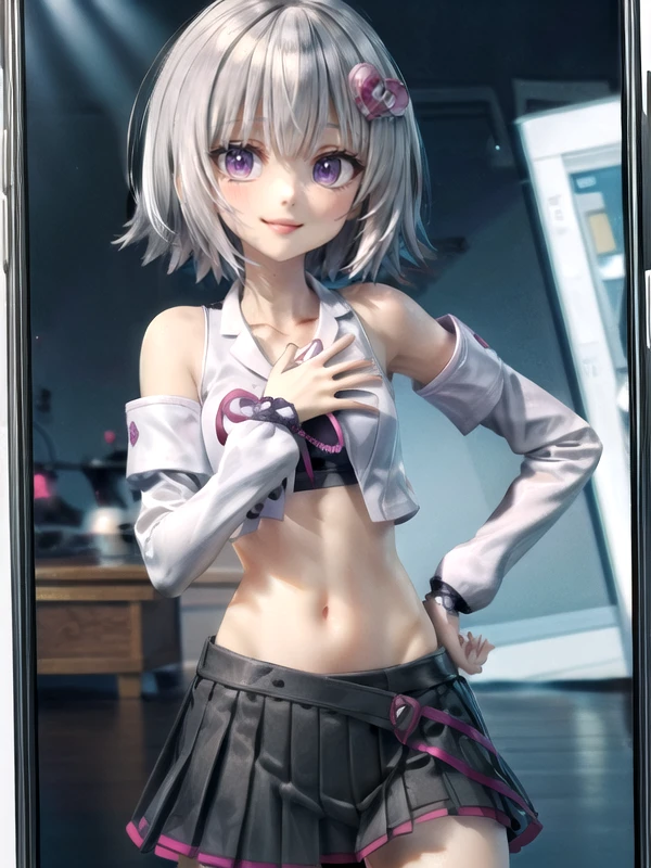 (masterpiece:1.2), <lora:yomemi_v1-000010:0.6>, yomemi, in the smartphone, hand on waist, hand on heart, skirt, navel, smile
