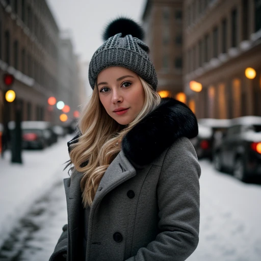 cinematic film still Beautiful blonde woman in a black coat with fur collar and gray beanie standing in a snowy city street . shallow depth of field, vignette, highly detailed, high budget, bokeh, cinemascope, moody, epic, gorgeous, film grain, grainy