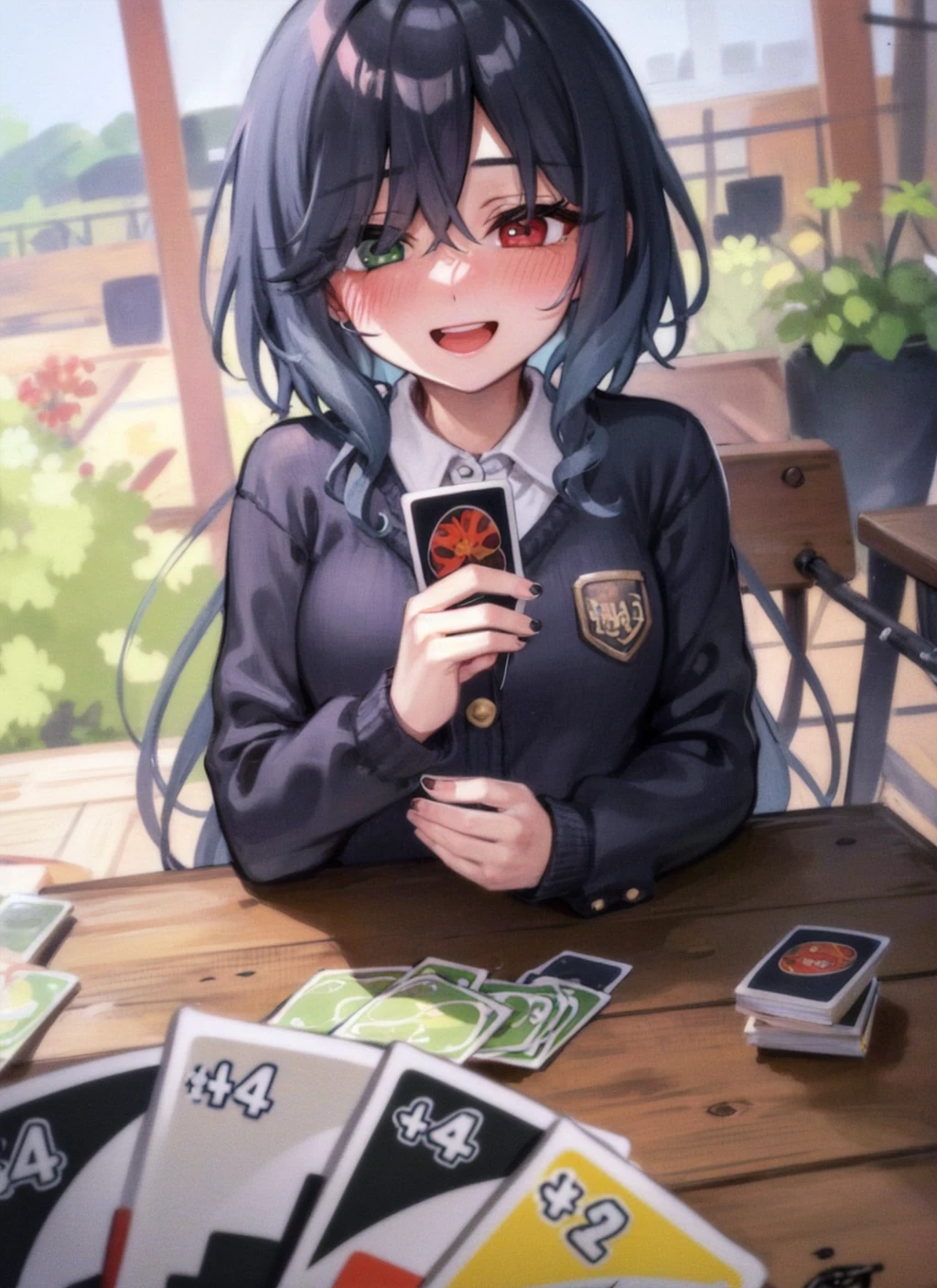 unomeme, 1girl, across table, playing card game, pov, heterochromia, :D, blush, school uniform, hair over eyes, <lora:unomeme_v1:0.7>