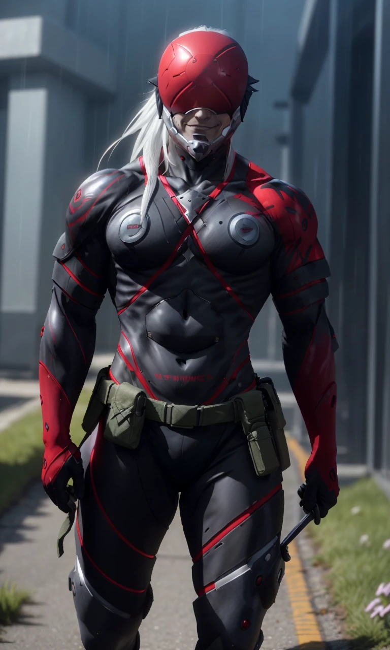 msoonmgr2024,evil smile, 1male, white hair, 8k, uhd, best quality, masterpiece, intricate, photorealistic, raw image, cyber ninja, helmet, black and red suit, sai sword, tactical suit, armor, field of flowers, trending on artstation,