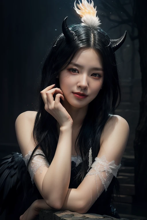unparalleled 8K UHD professional photograph that stands as a testament to the zenith of artistic vision, set against the backdrop of a spellbinding fantasy realm. At the heart of this realm is a 30-year-old woman, a figure of sublime beauty with cascading soft black hair that glimmers like strands of starlight. Her presence is a harmonious contradiction: while her visage radiates innocence, her amazingly elegantly arched black devil horns unveil her true identity as a bona fide real demon. These devil horns, majestic yet menacing, are a perfect embodiment of her dual nature, blending seamlessly with her enchanting allure. Her pale hands, captured in exquisite detail, are not just visually striking but are also imbued with the narrative of her demonic heritage, each line and curve a whisper of her ancient lineage. By her side stands a majestic, enigmatic giant crow, a noble companion whose presence complements her own formidable essence. Their bond transcends the ordinary, radiating a joy that is both pure and deeply rooted in their shared mystical bond. The scene is bathed in a resplendent natural light that not only illuminates but also enhances the surreal elements of this otherworldly setting. The light weaves through her hair, dances around her horns, and casts a noble glow on her scary giant crow companion, against a backdrop that is vibrant and dreamlike. This composition is a masterful interplay of light and shadow, adding depth and dimension, and rendering every texture so vivid that it feels tangible. This photograph is more than a visual feast; it's an immersive experience. The viewer is not merely observing but is drawn into a world where the line between reality and fantasy blurs, touched by the beauty, mystery, and intrinsic joy of this demon girl and her mythical crow. It's a portrayal that transcends the medium, capturing the essence of their otherworldly existence in a moment frozen in time.