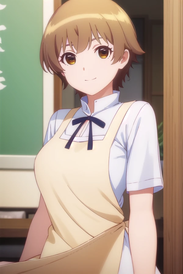 hanamiyakoshi, <lora:hana miyakoshi s1-lora-nochekaiser:1>,
hana miyakoshi, short hair, brown hair, (brown eyes:1.3), smile,
BREAK apron, waitress,
BREAK indoors, restaurant,
BREAK looking at viewer, (cowboy shot:1.5),
BREAK <lyco:GoodHands-beta2:1>, (masterpiece:1.2), best quality, high resolution, unity 8k wallpaper, (illustration:0.8), (beautiful detailed eyes:1.6), extremely detailed face, perfect lighting, extremely detailed CG, (perfect hands, perfect anatomy),