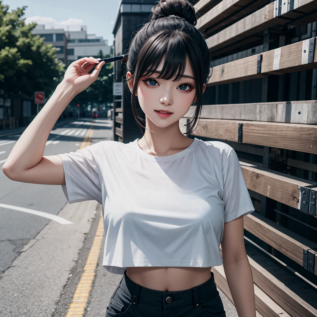4k wallpaper,
highres,
kawaii,cute,
1 girl, solo,
updo, bangs,
from adove,
close mouth, light smile,
Cargo pants, cropped t-shirt, and combat boots.,
large breasts,
longeyelashes,
(eyeshadow),
simple background,