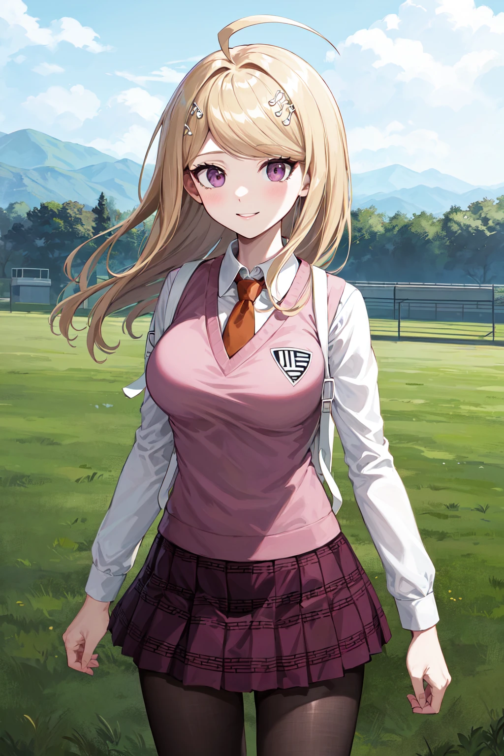 masterpiece, best quality, highres, aakaede, long hair, ahoge, hair ornament, breasts, school uniform, necktie, pink vest, sweater vest, collared shirt, long sleeves, backpack, pleated skirt, purple skirt, print skirt, pantyhose, <lora:akamatsu_kaede_v1:0.7>, standing, cowboy shot, outdoors, smile