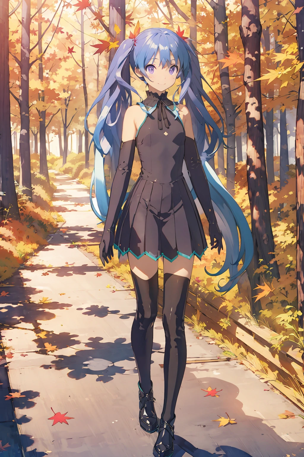 1girl,solo,full body,looking at viewer,long hair,hatsune miku,twintails,very long hair,(black dress:1.1),<lora:test1:0.8>,neck ribbon,elbow gloves,black black gloves,black thighhighs,blue hair,purple hair,purple eyes,(autumn maple forest:1.3),(very few fallen leaves),(path),wheat field,field,(smile:1.2),panorama,full_shot,walking,, masterpiece,best quality,highres,ultra high res,(abstract art:1.2),2d,(highlydetailed),(colorful),(intenseexpression),(fashionable),