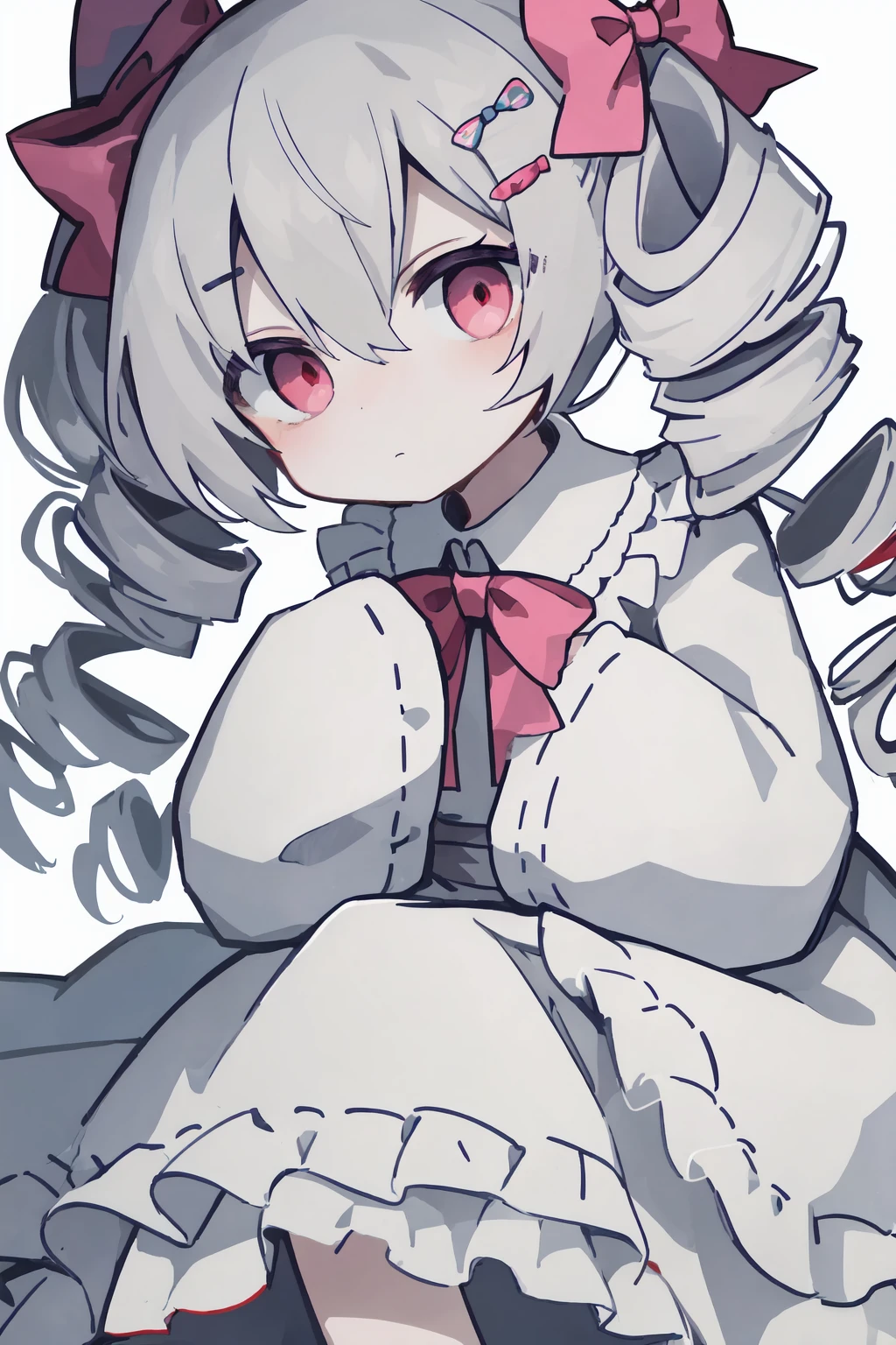 1girl,solo,bow,sleeves past fingers,dress,white bow,hair ornament,sleeves past wrists,frills,drill hair,white hair,looking at viewer,long sleeves,red eyes,grey bow,white dress,ribbon,bangs,hairclip,pink eyes,hair between eyes,closed mouth,feet out of frame,expressionless,frilled sleeves,long hair,white background,twin drills,frilled dress,sitting,dot mouth,hair bow,blue bow,chibi,so-style,