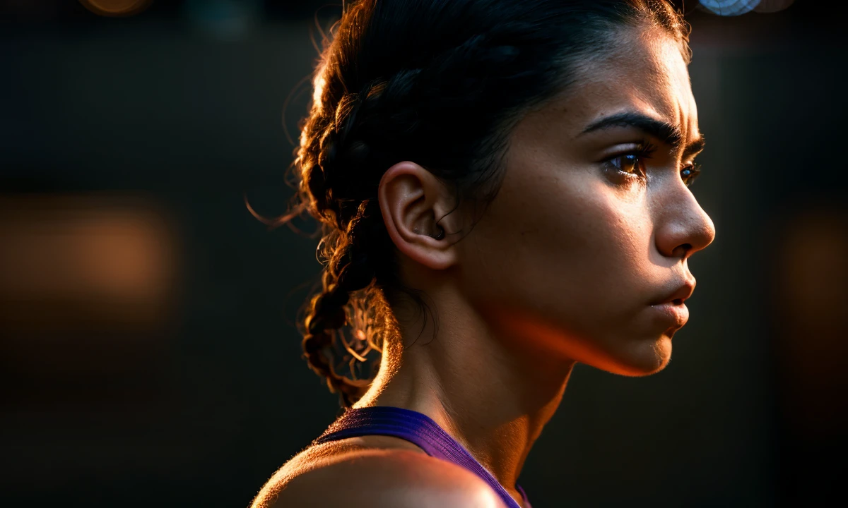 photograph close up portrait of Female boxer training, serious, stoic cinematic detailed photograph, shot on kodak, detailed, bokeh, cinematic, hbo, dark moody