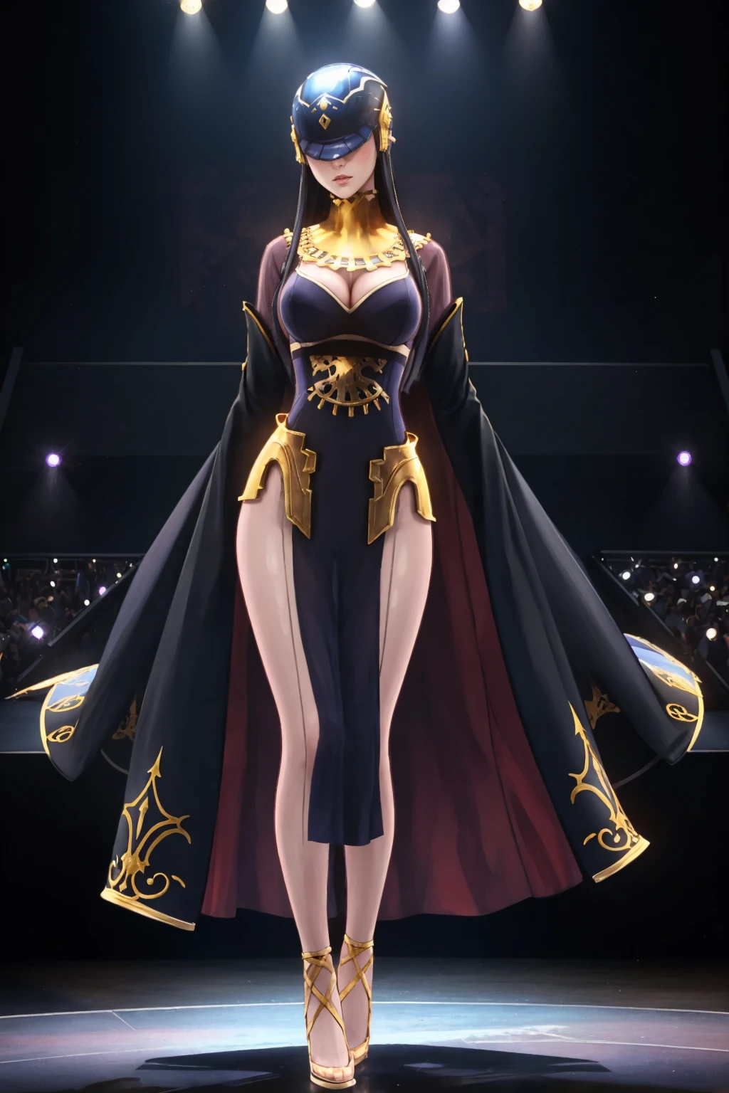 masterpiece, best quality, 1girl, solo, <lora:tmstharja-nvwls-v1-000009:0.9> tmstharja, helmet, cape, purple dress, cleavage, huge breasts, pelvic curtain, wide hips, contrapposto, stage, black background, spotlight