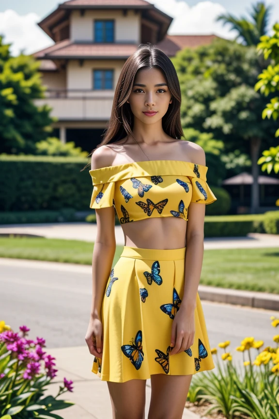1woman, long hair, realistic, masterpiece, high detailed skin, looking at viewer, outdoor view, solo, full body shot
<lora:Butterfly_CropTop_Micro_Skirt_By_Stable_Yogi:0.8>yellow micro skirt, off shoulder crop top, butterfly print, butterfly print