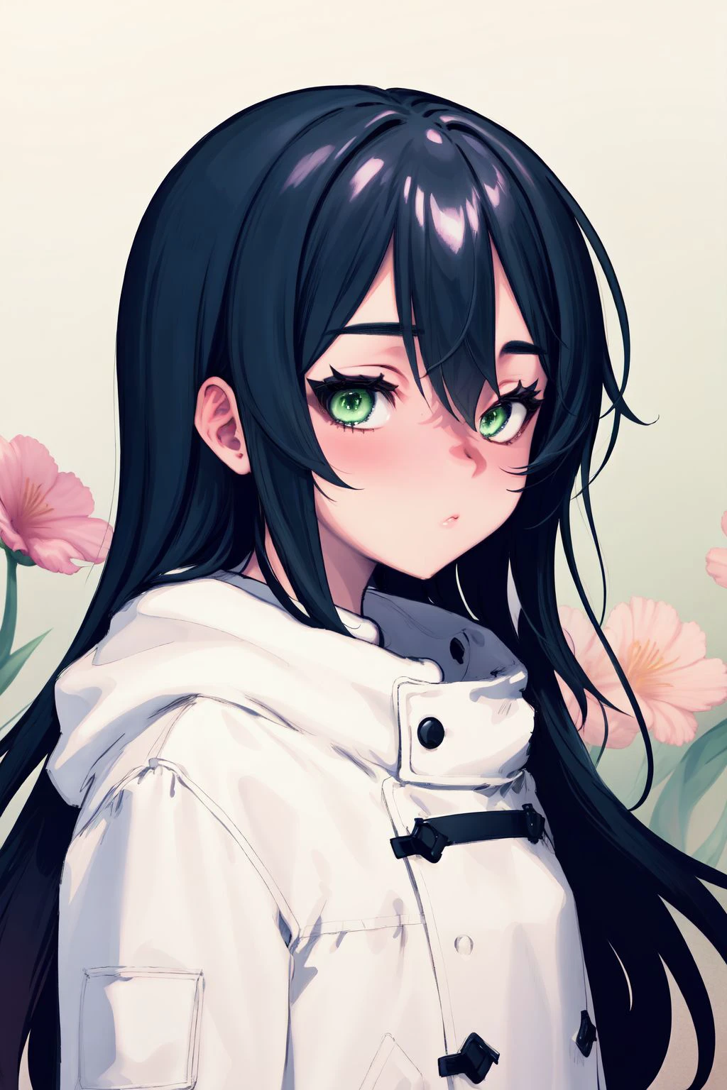 portrait, solo, 1girl, loving, dark blue hair, widow's peak, light green eyes, white duffel coat, Nerine \(flower\), floral background <lora:Nikubou_Maranoshin_style_v01.10.10.01:1>