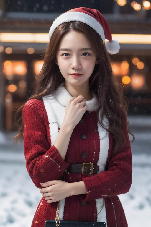 In the gorgeous cityscape on Christmas night, Imagine a brunette woman around 28 years old., She wears a Santa-themed costume with messy hair.. Her bright smile conveys joy as she presents a gift to the viewer.. The color palette should primarily feature red and green, Express a vibrant holiday spirit.