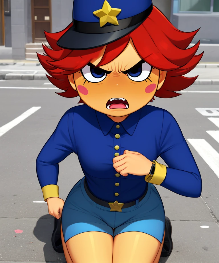 rambamboo,yellow skin,black eyes,red hair,blush stickers,short hair,angry,
blue shirt,long sleeves,police hat with star \(symbol\),buttons,belt,wrist cuffs,
blue shorts,kneeling,
streets,
(insanely detailed, beautiful detailed face, masterpiece, best quality),solo,<lora:rambamboo-10BWv2:0.8>,