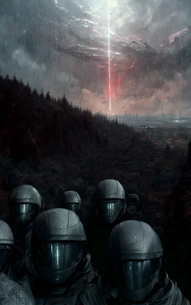 from above, ((art by Gustave Dore, graphite \(medium\), crosshatching, (illustration))) looking at viewer, group of ODST soldiers, an ODST wearing a helmet , outdoors, dramatic shading, side view, night, rain, cityscape, stepping up, radio antenna, skyscraper, building, science fiction, sniper scope, hidden face, tree, black armor, <lora:ODST-05:0.85> <lora:BetterGuns-V1:0.5> <lora:Elixir:1> <lora:StarkJourney:1>