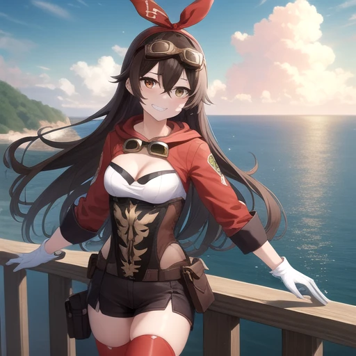 ((masterpiece)),(best quality),official art,extremely detailed CG,unity 8k wallpaper,ultra detailed,A lighthouse on a cliff by the sea,1girl,solo,cowboy shot,looking at viewer,brown_hair,grin,shrug (clothing),crossed_bangs,very_long_hair,bangs,hair_ribbon,hair_between_eyes,brown_eyes,red_ribbon,cleavage,medium_breasts,yellow_eyes,long_sleeves,short_shorts,floating_hair,belt,brown_shorts,red_gloves,white_footwear,thigh_boots,pouch,goggles,goggles_on_head,red_thighhighs,<lora:Amber-remake final(gen)>,
