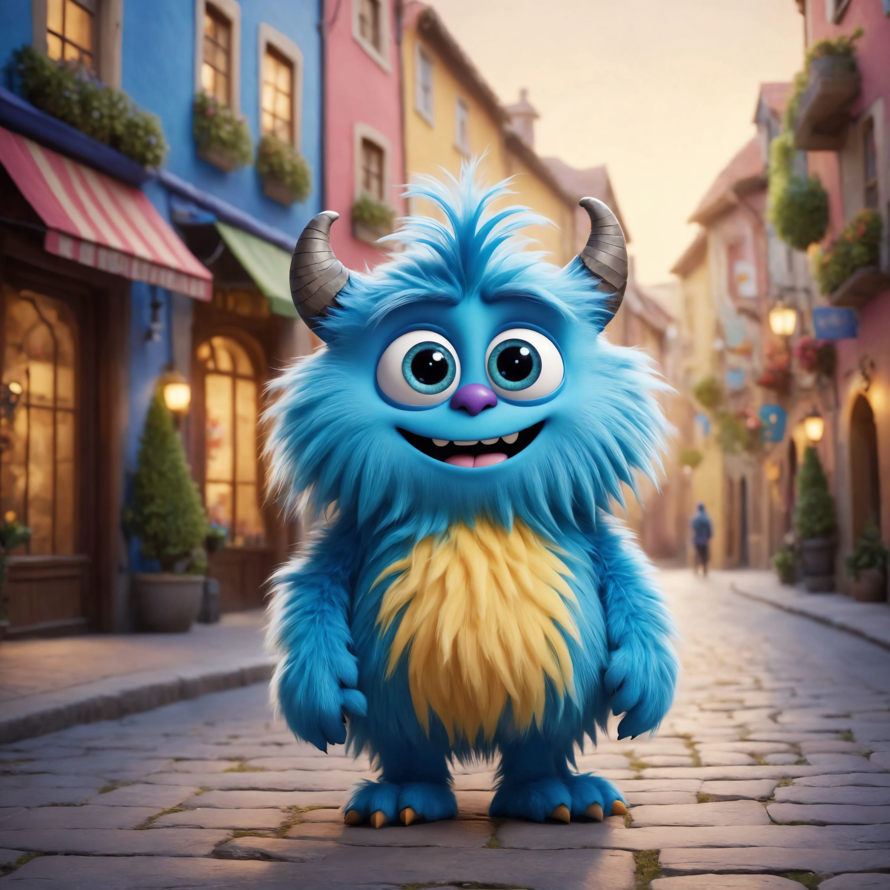 "A photo of a (cute blue furry monster:1.3), 3D cartoon character, vibrant azure fur, (big googly eyes:1.2), exaggerated smile, cartoonish proportions, whimsical pose, fluffy texture, bright, playful atmosphere, high-resolution, digital art, Pixar-like quality, smooth rendering, (child-friendly design:1.1), vivid colors, Adobe Photoshop, Canon EOS 5DS, 1/125s, f/8, ISO 100, lively expression, charming character, animation style, UHD, heartwarming scene,