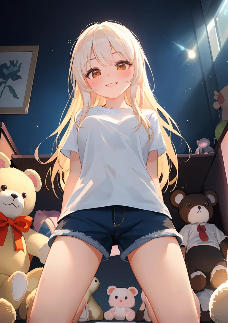 (portrait, from below:1.4), illustration of a (beautiful girl) in a bedroom, 1girl, (shorts, short all-white t-shirt, medium breasts:1.2), (kneeling, open legs:1.2, arms behind back), (albino girl:1.5, white long hair:1.2), (stuffed animals in the background:1.5), (cute face, kawaii face, cute smile, blushing), (best quality, high-quality, masterpiece:1.2, most detailed illustration, HD wallpaper, 4k full HD), (ecstasy of light and shadow, volumetric light and shadows:1.2, light particles, bloom:1.2), (contest winner illustration by lee jeffries)