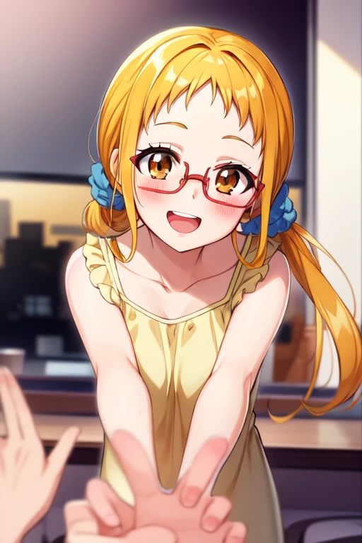 kasuganourara, glasses, hair scrunchie, pov, looking at viewer, smiling, blush, open mouth, upper teeth only