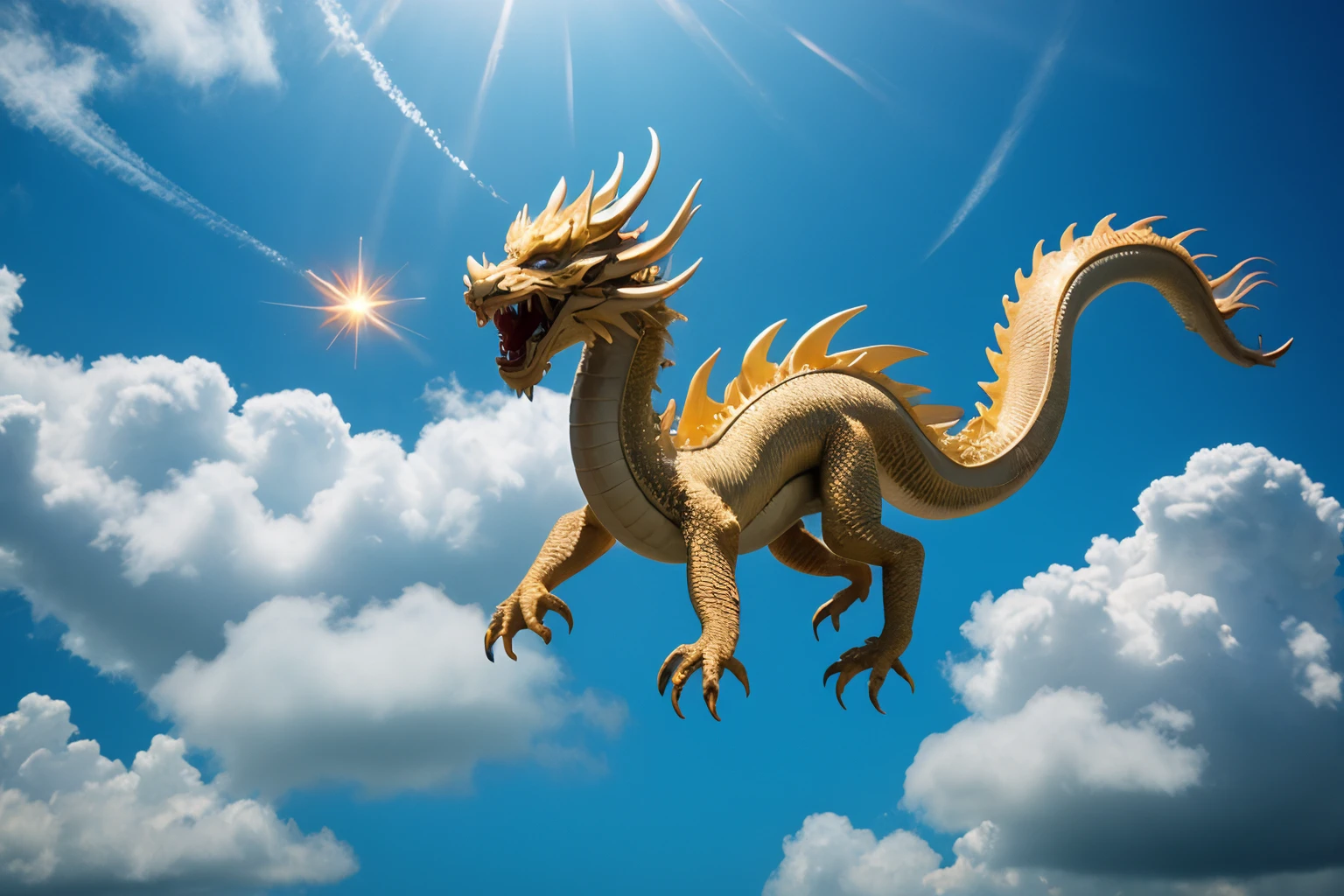 chinesedragon,white dragon,full body,dragon,no humans,eastern dragon,cloud,sky,glowing eyes,open mouth,fangs,(fly in the sky:1.4),cloudy sky,dragon claw,bristles,(dragon has four legs:1.4),<lora:AgainChineseDragon_v1:0.3>,<lora:ChineseDragon_v1:0.3>,