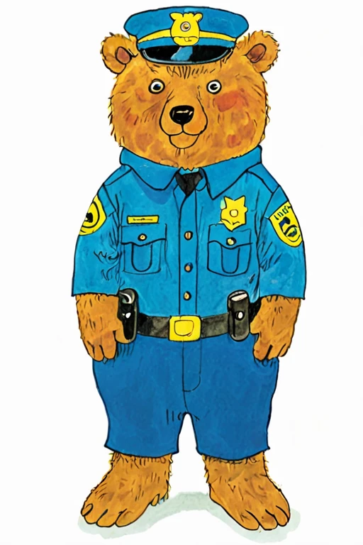 a children's book illustration of a police officer bear on a white background , art by Richard Scarry <lora:Richard_Scarry_Style_XL-000006>