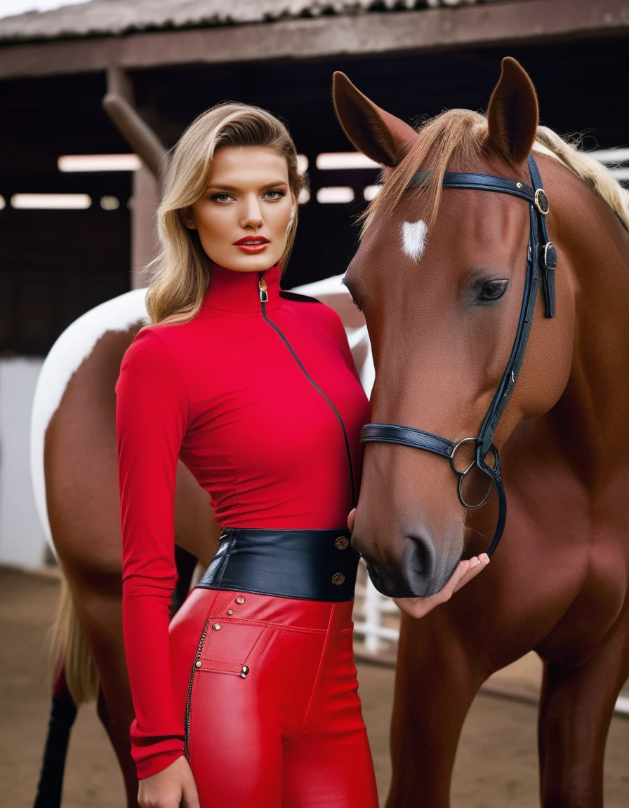 Vietnam, <lora:BregjeHeinen:1> Bregje Heinen, a dutch model, posing working at the stables, high-necked clothing, professional lighting, professionally color graded Technichrome, tack sharp, fashion shoot, tack sharp, Nikon DSLR