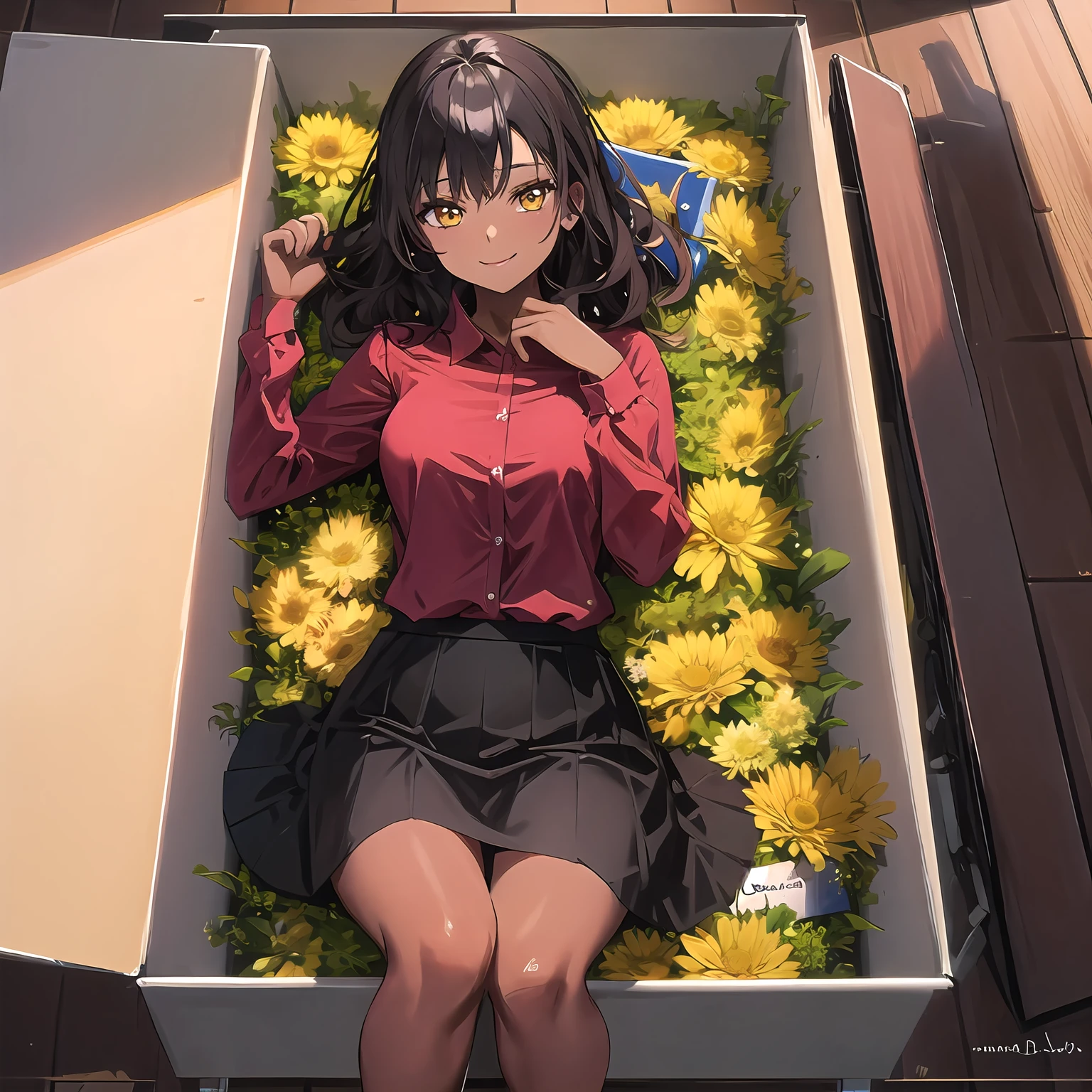 solo, masterpiece, hires,high resolution,(dark-skinned female:1.2), (dark skin:1.2) best quality ,in box, in container, insidebox, boxrelaxed, inside cardboard box, box with flowers, 1girl, mature female,shirt, smile, lying,medium hair,brown hair, yellow eyes, door mat, doorway, medium black skirt, red buttoned shirt, red shirt
<lora:insidebox v1.1:0.9>