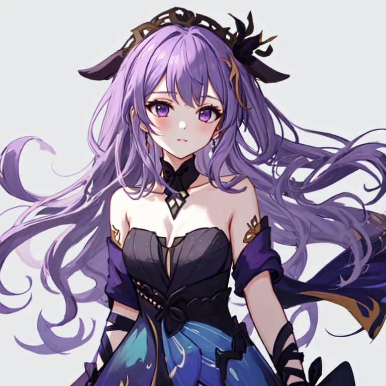 <lora:keqing_cover:1>ï¼keqing \(opulent splendor\), 1girl, breasts, purple hair, solo, cleavage, long hair,,simple background, medium breasts,