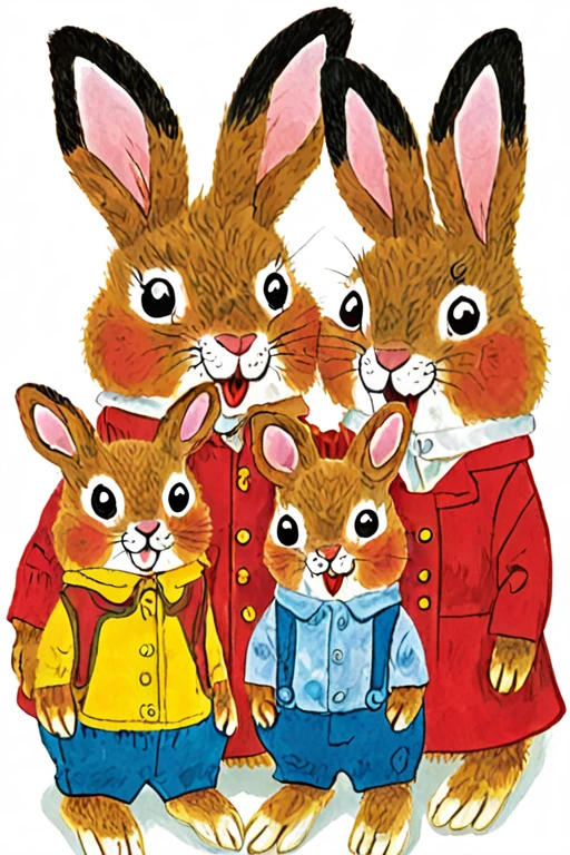 a children's book illustration of a cartoon rabbit family on a white background , art by Richard Scarry <lora:Richard_Scarry_Style_XL-000006>