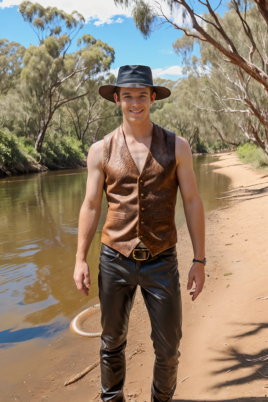 the Australian Outback, the bank of a river, smiling, BradHunter is dressed as young (Paul Hogan) from the movie (Crocodile Dundee), light brown hair, ((crocodile skin vest)), (closed vest), ((shirtless)), (sleeveless:1.4), brown leather pants, (black hat:1.4), (((full body portrait))), wide angle <lora:BradHunter:0.8>