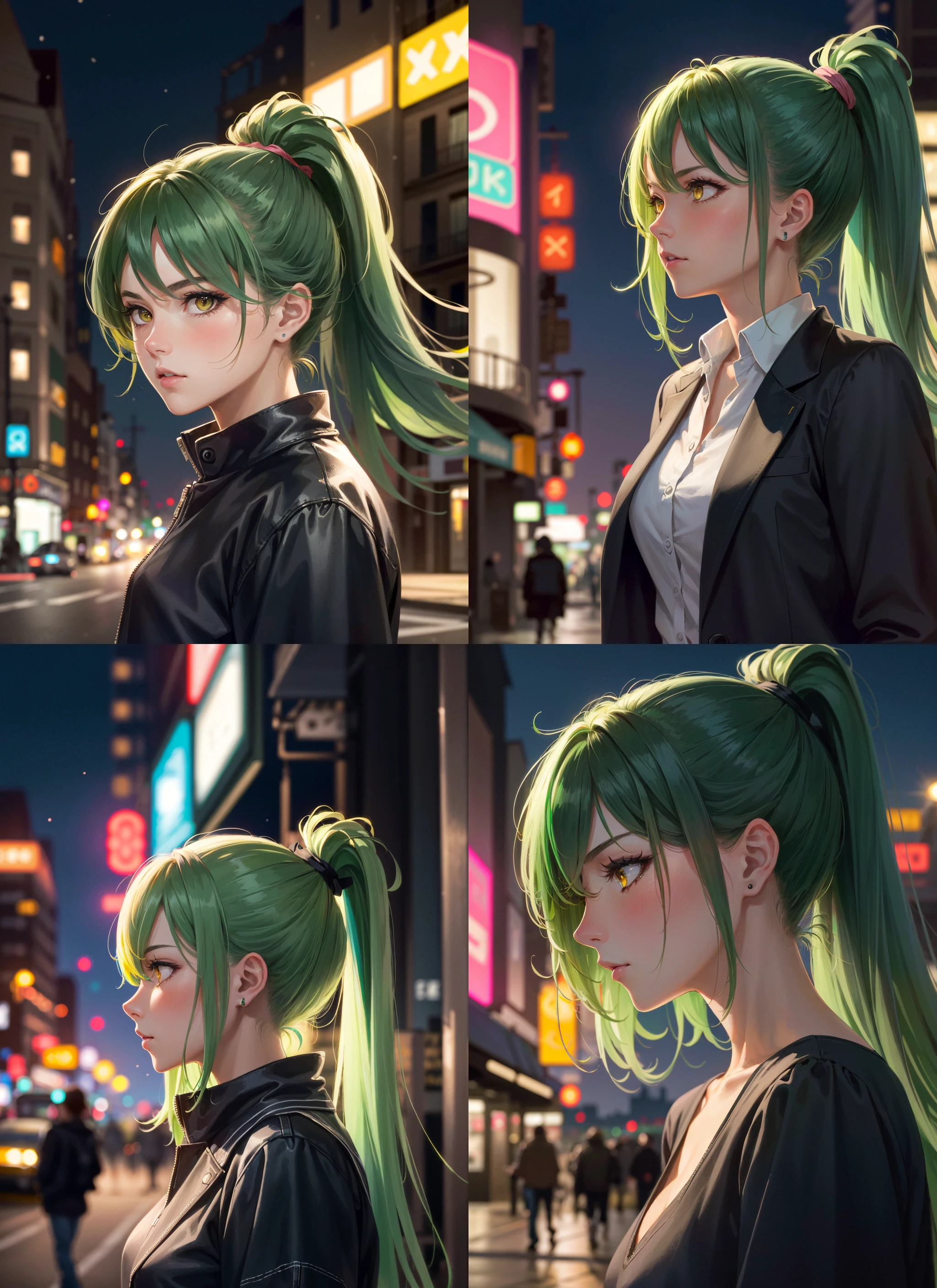 looking away, candid shot, photorealistic, 1girl, woman, yellow eyes, ponytail, green hair, night, city street, neon lights