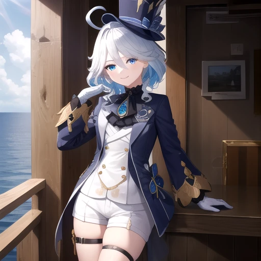 ((masterpiece)),(best quality),official art,extremely detailed CG,unity 8k wallpaper,ultra detailed,A lighthouse on a cliff by the sea,1girl,solo,cowboy shot,looking at viewer,long_hair,white_shirt,blue_eyes,black_gloves,bow,frilled_sleeves,streaked_hair,brooch,blue_hair,long_sleeves,white_hair,blue_jacket,smile,ahoge,blue_headwear,black_footwear,white_gloves,top_hat,shoes,thigh_strap,socks,bangs,jewelry,multicolored_hair,hair_between_eyes,white_shorts,<lora:Focalors(gen)>,